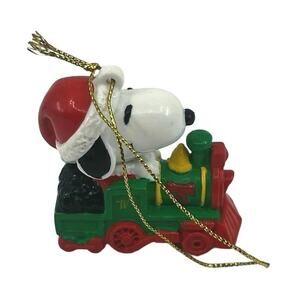 Vintage Peanuts Snoopy 90s Whitmans Green Train Engine ornament Santa Hat PVC